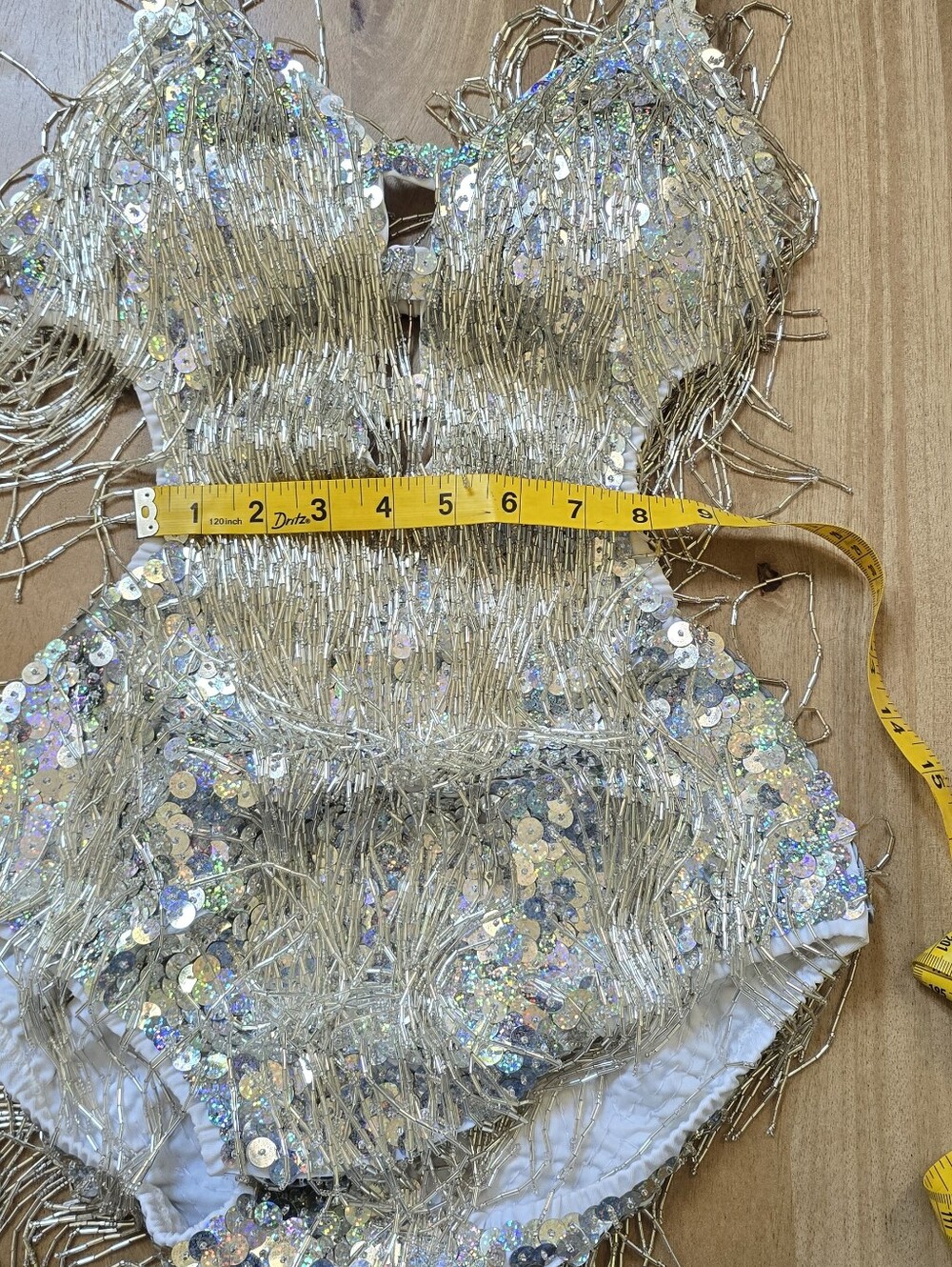Silver Sequin Bead Fringe Performance Bodysuit Adult L Pop Star Stage Costume - Picture 8 of 16